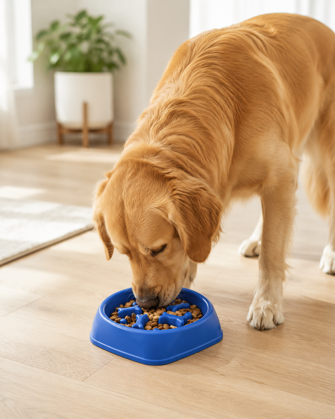 Perro comiendo del comedero antiansiedad